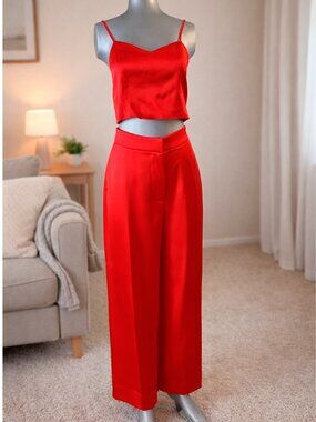 Red Satin 2 Piece Set Crop Top Wide Leg Pants Women S House of Harlow